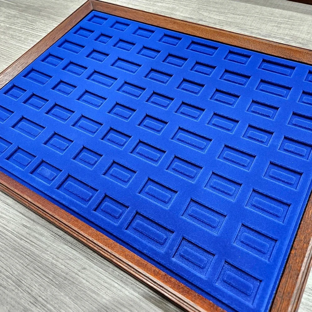 Jewelry Display Case Large Brown Wood Glass Removable 3 Tray Blue Velvet Storage
